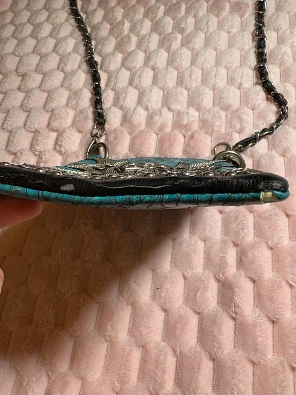 Y2K Western Turquoise Cross Tooled Leather Bag w/ Chain